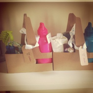 drink carrier as toy holder for birthday favors